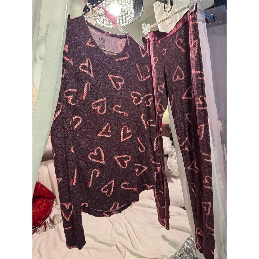 Victorias secret VS sleep Thermal Pajama PJ Set small/XS EUC candy cane heart